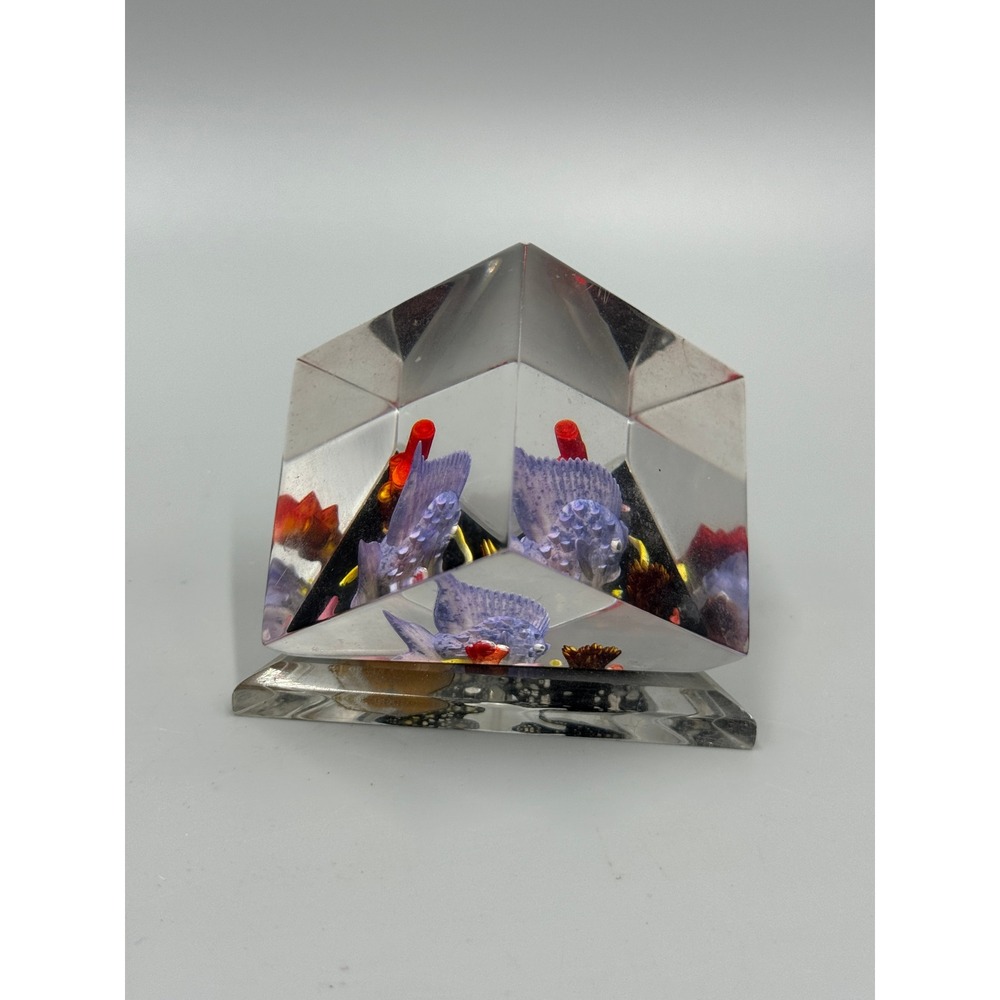 Vintage Joseph Kulina Plexiglass Paperweight Purple Fish Coral Lucite Cube Prism